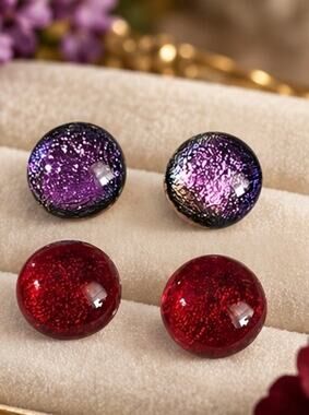 Zeekdog Studios Dichroic Fused Glass Stud Earrings 2 Pairs Purple and Reds